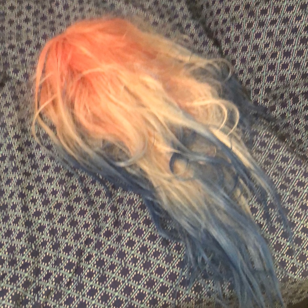 Pink to white to blue synthetic wig. About 18” but probably more.